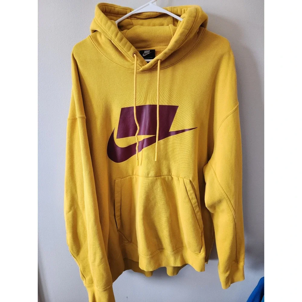 Nike Hoodie Mustard Yellow Burgundy Big Swoosh Pullover Hoodie – Men's XL